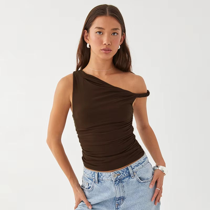 Women's Solid Color Off-Shoulder Sleeveless Ruched Crop Top