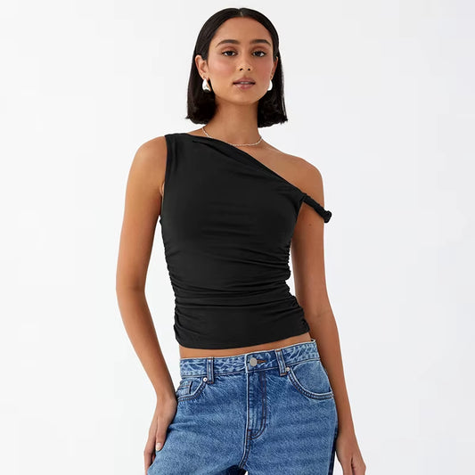 Women's Solid Color Off-Shoulder Sleeveless Ruched Crop Top